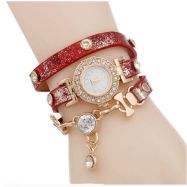 Ladies Gold Multilayer Cubic zirconia Leather Bracelet Wrist Watch Red